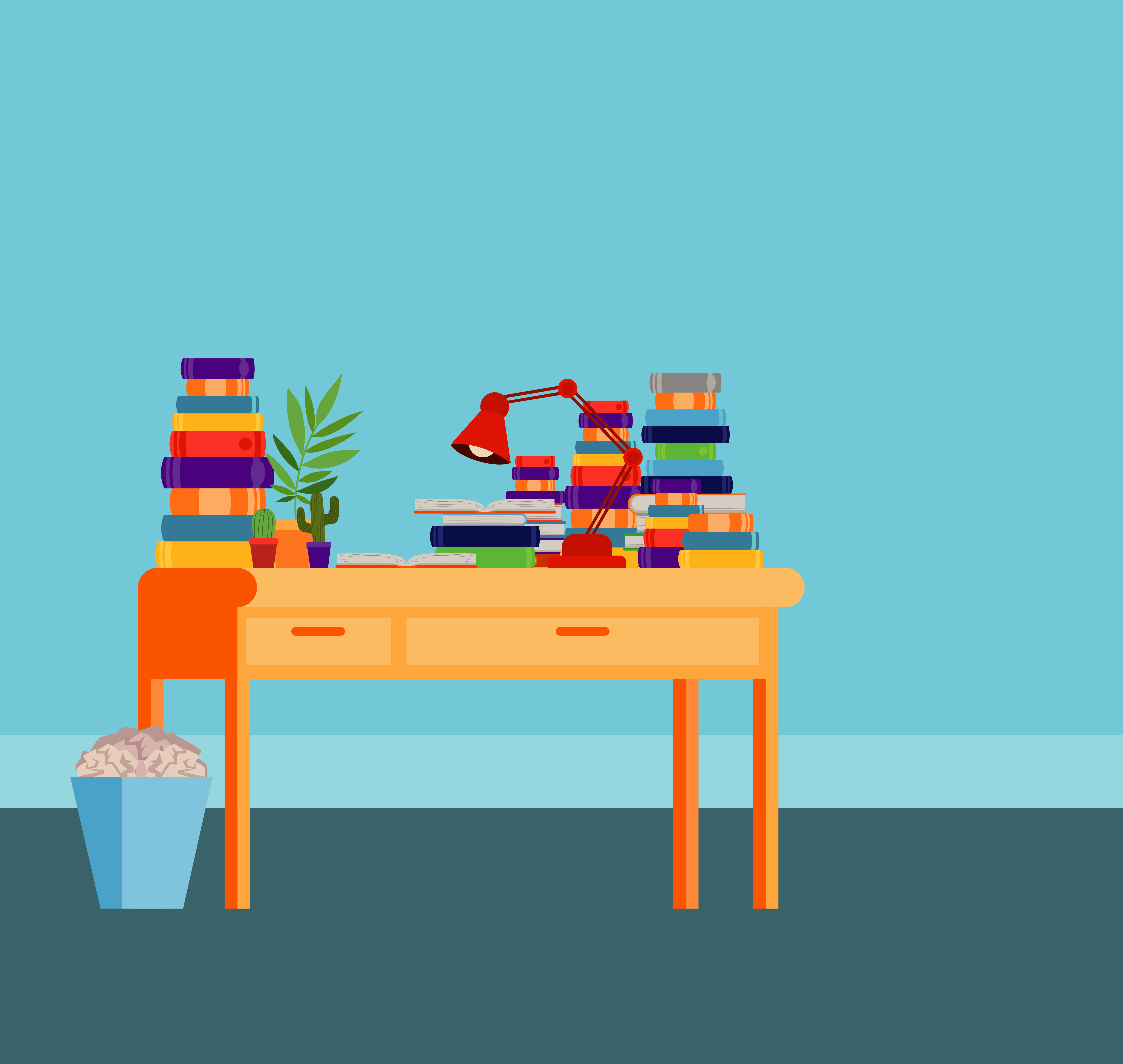 mesa llena de libros